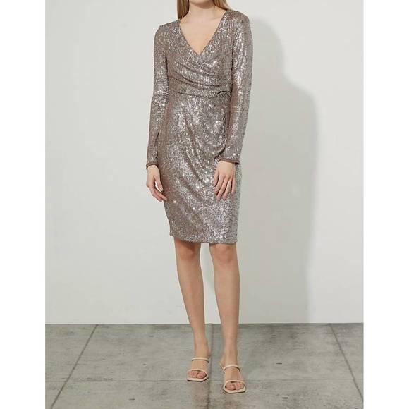 NEW JOSEPH RIBKOFF long sleeve sequined dress in silver/taupe - Picture 1 of 2